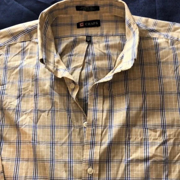 Chaps Shirts | Chaps Classic Fit Twill, Mens Dress Shirt Size 17-17 1/2 (34-35) | Color: Blue/Tan/White | Size: 17-17 1/2 (34/35) | Jeaniewillow's